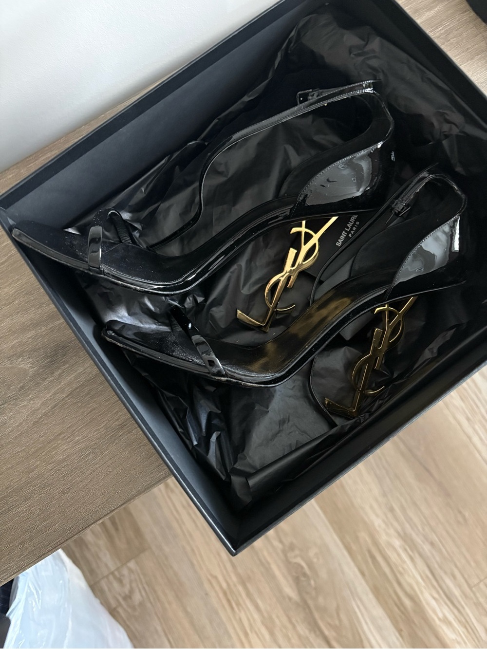 Saint Laurent Black Patent Sandals with Gold YSL Logo Heels